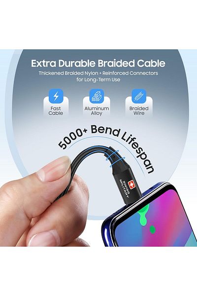 Swiss Military USB-C to USB-C Cable 1M 60W Fast Charging & Data Transfer for iPhone 15/16, Galaxy S25/24, Black
