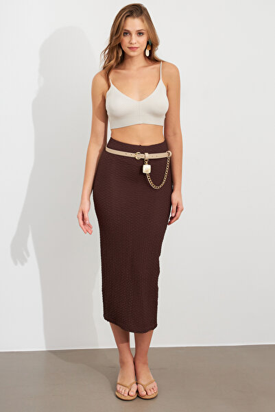 Cool & Sexy Дамска кафява креп пола с цепка, миди джоб, ZH329
