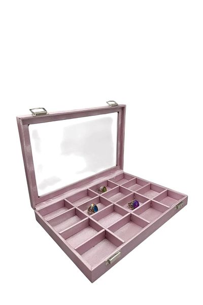 MeGass Dekor Glass Lid İmera Fabric Pink Color 34 cm / 24 cm Jewelry Stand with Compartment