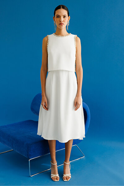 Nefeli Taş İşlemeli Yelek & Elbise 2'li Takım EKRU