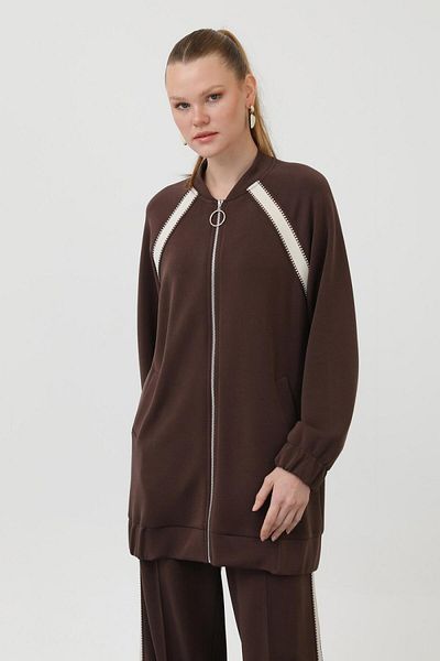 Puane 14290 Women's Zippered Shoulder Ready Stripe Detailed Modal Suit with Trousers