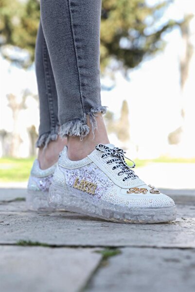 layki White Astra Stoned Patterned Transparent Women's Sneakers