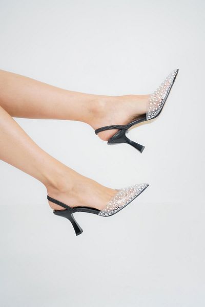 Beyond Women's Black Isabella Bead Detailing Banded Liquid Toe Evening Dress Shoes 8,5cm