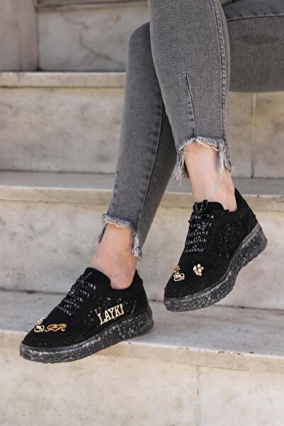 layki Astra Taşlı Desenli Şeffaf Taban Siyah Renkli Kadın Sneaker