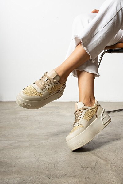 Seniorah Beige Lanes Straw-Skin Women's Sports Shoes