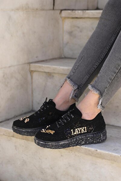 layki Astra Taşlı Desenli Şeffaf Taban Siyah Renkli Kadın Sneaker