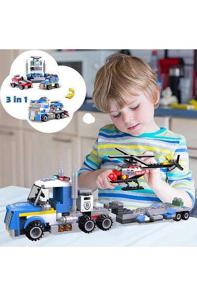 Yelajoy Police Car Transporter Building Toys, Police Truck with Trailer & Rescue Helicopte