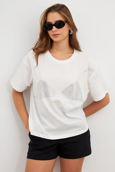 Cool & Sexy Tricou oversize alb cu strasuri de damă TPG13