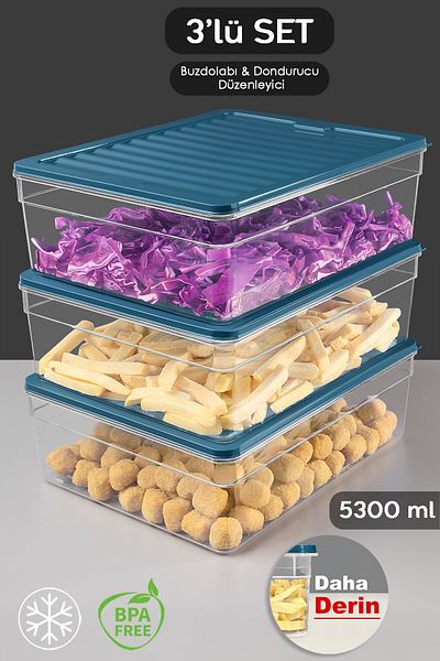 Meleni Home 3-Piece Deep Refrigerator Sample Set - Array Organizers - Storage Beakers and Microwave Freezer Cup (5300ml Blue)