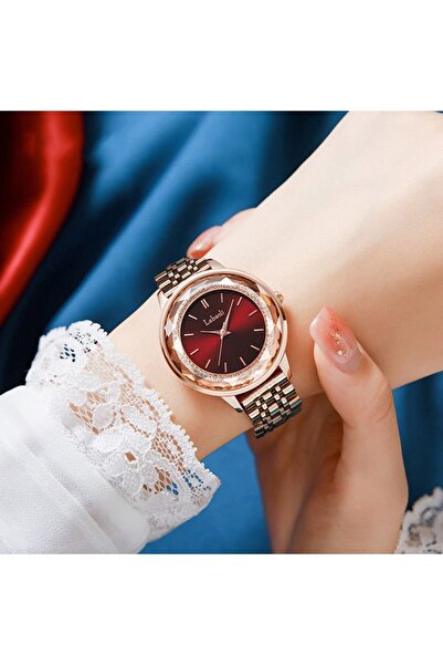 Youtrico Labaoli women's wristwatch set with diamonds,rose gold and red backg...