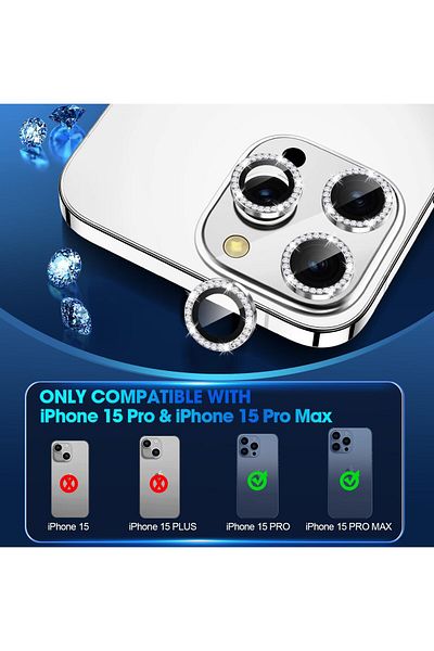 AWH iPhone 15 Pro/Pro Max Camera Lens Protector, Bling Metal Diamond Ring, 9H Scratchproof (Black)