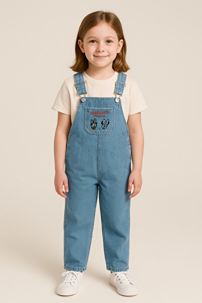 Trend Bebe Butik Kız Çocuk Mickey Mouse Baskılı Kot Tulum | Cepli Askılı Bahçıvan Salopet 3-10 Yaş