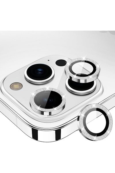 AWH iPhone 15 Pro/Pro Max Camera Lens Protector, Bling Metal Diamond Ring 9H Scratchproof (Silver)