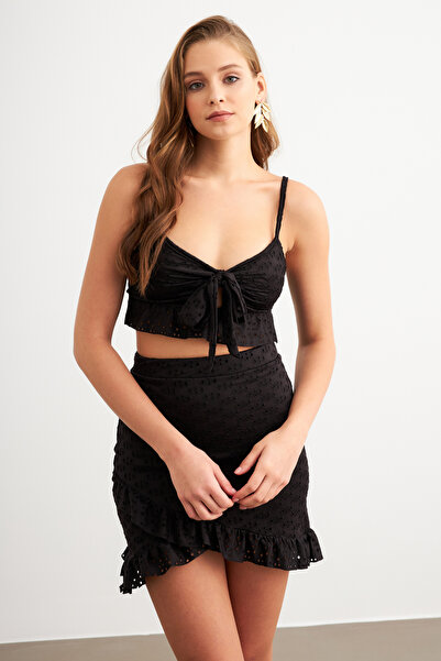 Cool & Sexy Women's Black Tie Front Mini Skirt Suit Li̇t1088