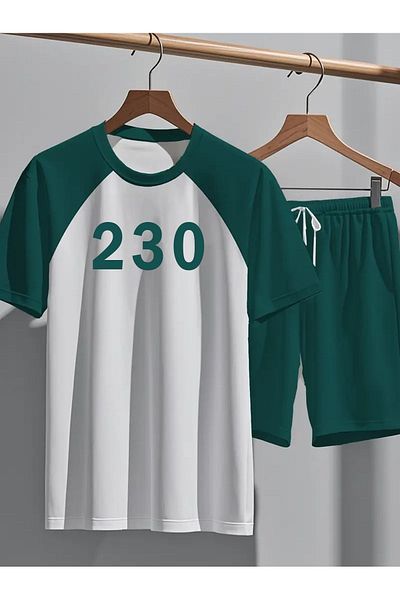 PENTHİLUS Tricou pentru bărbați din 2 piese cu imprimeu numeric și șireturi în talie