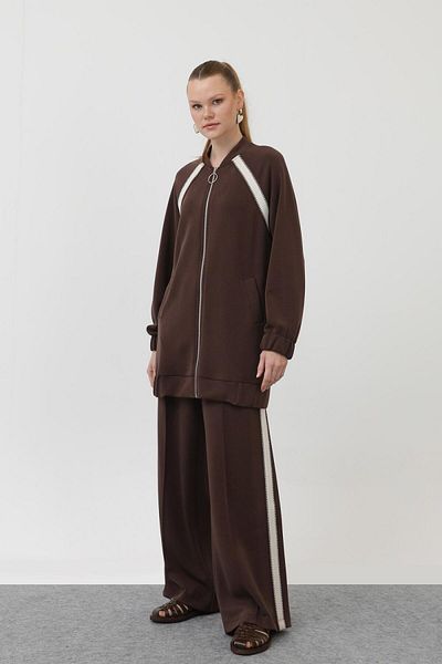 Puane 14290 Women's Zippered Shoulder Ready Stripe Detailed Modal Suit with Trousers