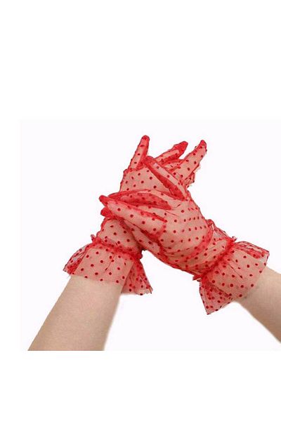 SAVA HOME COLLECTİON Short Length Laced Red Polka Dot Tulle Gloves Red Color