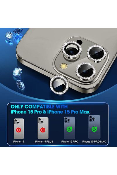 AWH iPhone 15 Pro/Pro Max Camera Lens Protector, Bling Metal Diamond Ring, 9H Scratchproof (Gray)