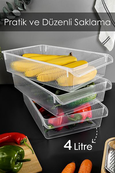 Meleni Home 3 Pieces In-Cabinet Refrigerator Organizer - Refrigerator Organizer Basket Fruit Vegetable Storage Container 4 Liters