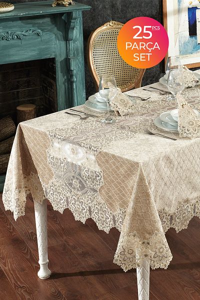 Evlen Home Collection Комплект луксозни кадифени покривки за маса с дантела, 25 части, цвят капучино