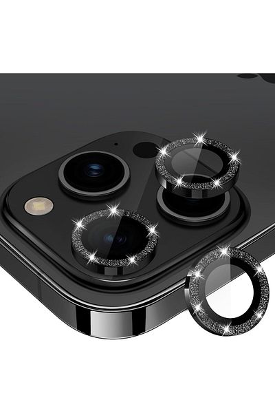 AWH iPhone 15 Pro/Pro Max Camera Lens Protector, Bling Metal Diamond Ring, 9H Scratchproof (Black)