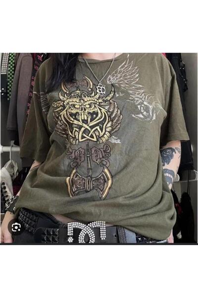 Peripeti Tricou unisex kaki antic Viking Ax Brad Butter Cyber Grunge