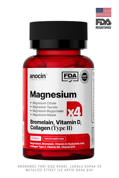 anocin مركب المغنيسيوم X4 سيترات، تورات، بيسغليسينات، مالات + بروميلين + كولاجين + حمض H+D+B12+B6