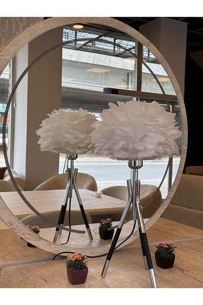 MSEALight Metal Lampshade - Tripod Model Real Bird Feather Silver White