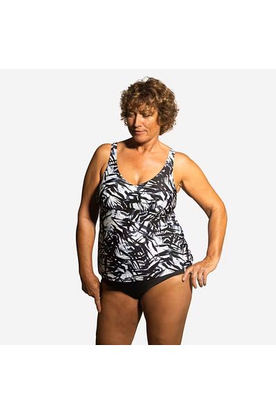 Decathlon Γυναικείο μπλουζάκι μπικίνι Tankini V λαιμόκοψης - Μαύρο - Μοτίβο φύλλων - LILY