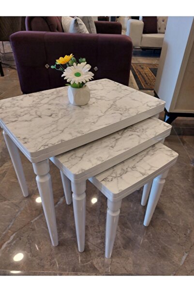 oaaksetmobilya 3lü Lüx Zigon Sehpa Beyaz Mermer Full Beyaz