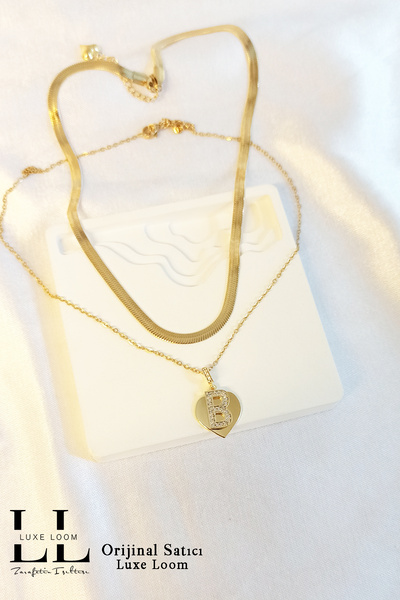 Luxe Loom Zarafetin Işıltısı Kadın Gold Çelik Italyan Ezme Kolye Ve Kalp B Harfli Çift Katman Kolye 2'li Kolye Seti 006