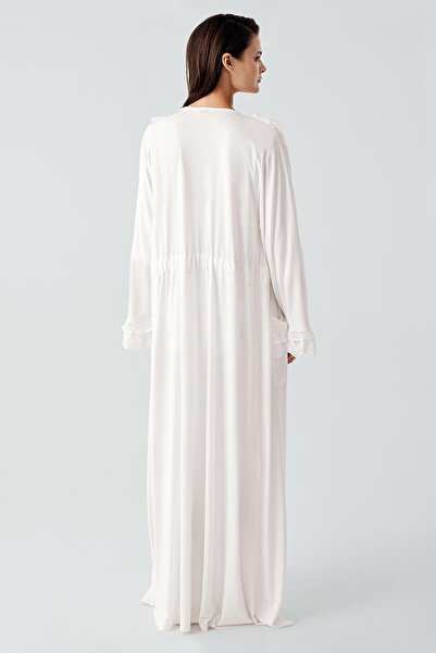 Artış Uzun Kollu Dantelli Düğmeli Esnek Viskoz Sabahlık Pijama Takım