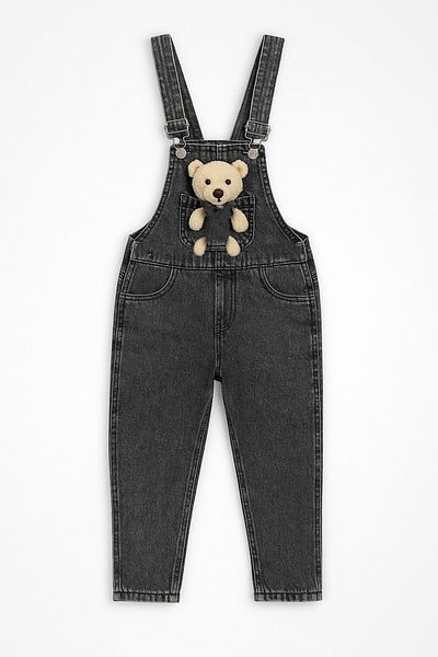 Trend Bebe Butik Plush Teddy Bear Detailed Girl's Denim Salopet Jumpsuit 3-10 Years Old Comfortable Daily Summer Denim Outfit