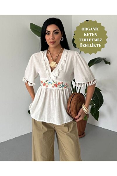 BRGCLOTHING Γυναικεία καλοκαιρινή φούντα, κεντημένη μπλούζα με μανίκια τριών τετάρτων