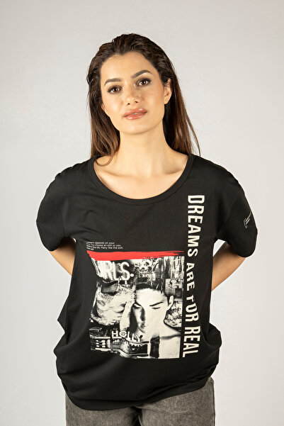 Woxxo Dreams are for real Baskılı Unisex Oversize T-Shirt -Siyah Lycralı Modal/Pamuk