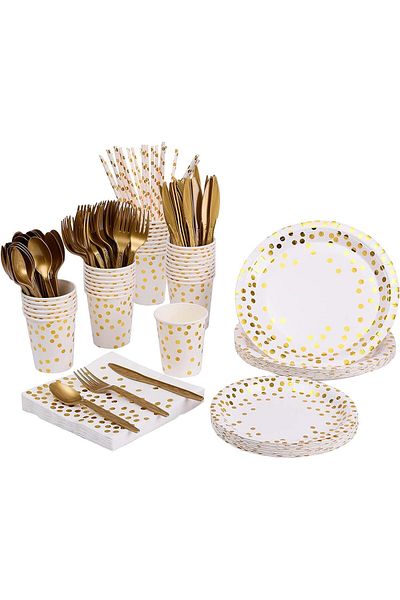 COOYA Disposable Dinnerware Set, Serves 25 with Tablecloth, Gold Plastic Knives Spoons Forks