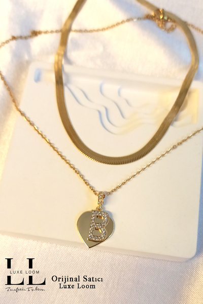 Luxe Loom Zarafetin Işıltısı Kadın Gold Çelik Italyan Ezme Kolye Ve Kalp B Harfli Çift Katman Kolye 2'li Kolye Seti 006