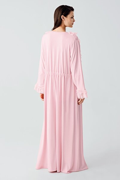 Artış Uzun Kollu Dantelli Düğmeli Esnek Viskoz Sabahlık Pijama Takım