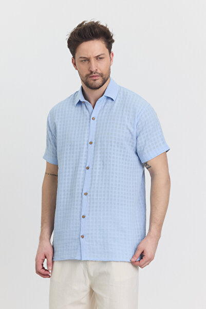 TCT TEKSTİL Чоловіча сорочка - Муслінова сорочка з коротким рукавом і коміром у клітинку - 4045