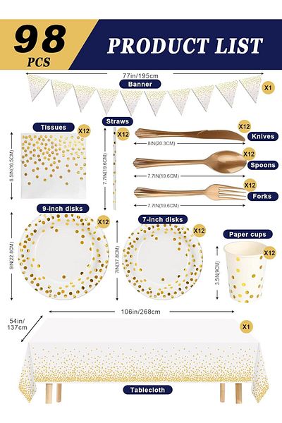 COOYA 98 Pcs Disposable Tableware, With plates, Cups, Napkins, Forks, Knives, Spoons, Straws, Tablecloth