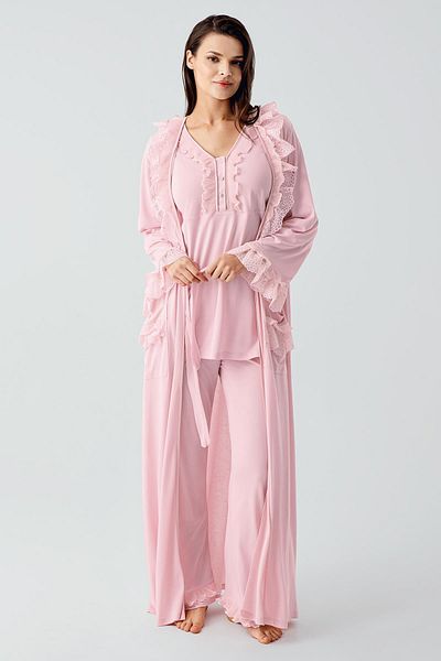 Artış Long Sleeve Lace Buttoned Flexible Viscose Dressing Gown Pajama Set
