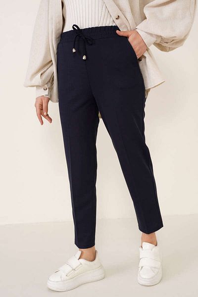 giyze Rope Detailed Elastic Waist Ankle Trousers Navy Blue 6624