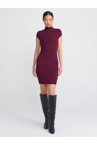 Dilvin Stand Collar Stretch Mini Dress-Light Burgundy