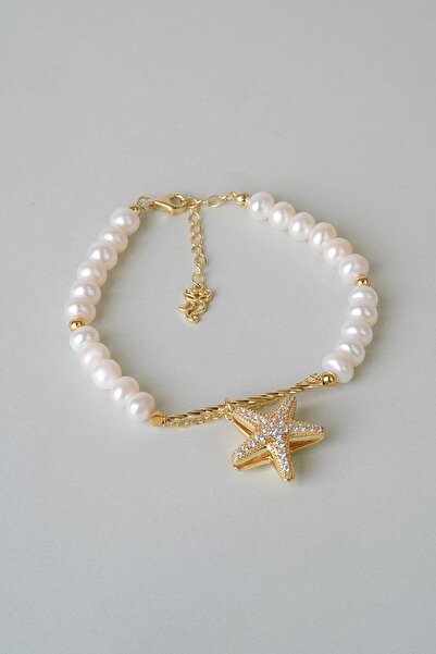 So CHIC... İnci Yıldızı 18 Ayar Sarı Altın Kaplama 20 Cm Gümüş Doğal Taşlı Bi...