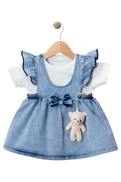 NEGİYYİM Baby Girl Teddy Bear Ribbon Detailed Denim Dress 3-18 Months