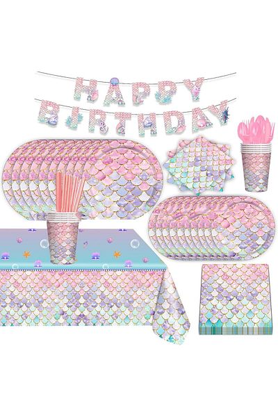 COOYA 92 PCS Mermaid Party Supplies, Disposable Dinnerware, with Plate, Napkin, Cup, Fork, for Kids