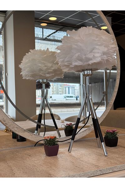 MSEALight Metal Lampshade - Tripod Model Real Bird Feather Silver White