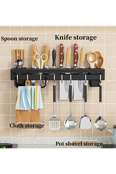 COOYA Kitchen Knife Holder, Wall Mounted,6 Hooks, 2 Chopstick Barrels, 1 Towel Rod,Stainless Steel