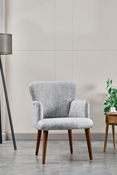 COLORMİX Berjer Koltuk-cafe-ofis-balkon-teras-bahçe-açık gri keten kumaş-kahverengi ayak