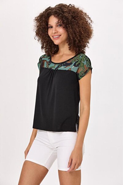 İKİLER Dokuma Garnili Yuvarlak Yaka Bluz 025-1501